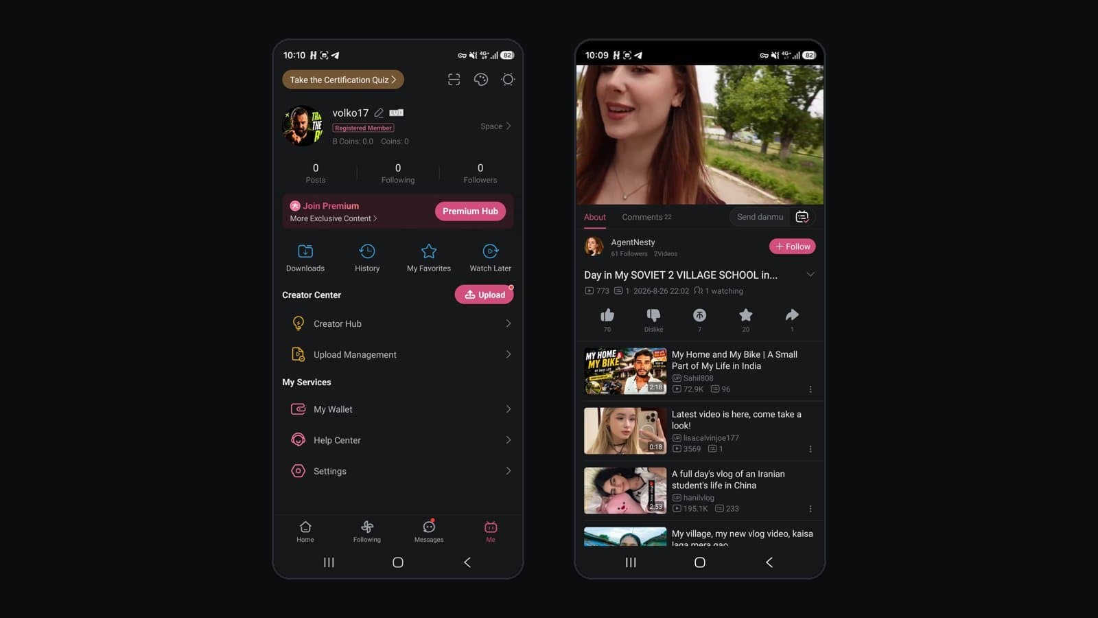 Left: my own account minutes after signing up — Creator Center, upload, a wallet, the machinery's all there. Right: a Western creator's day-in-Russia video beside a village vlog from India and a student's day in China. Foreigners showing their world to a Chinese audience is a whole lane.