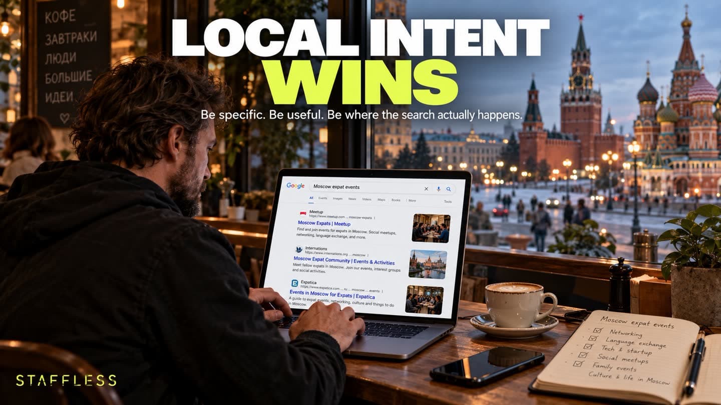 Founder researching Moscow expat events from a Moscow cafe.