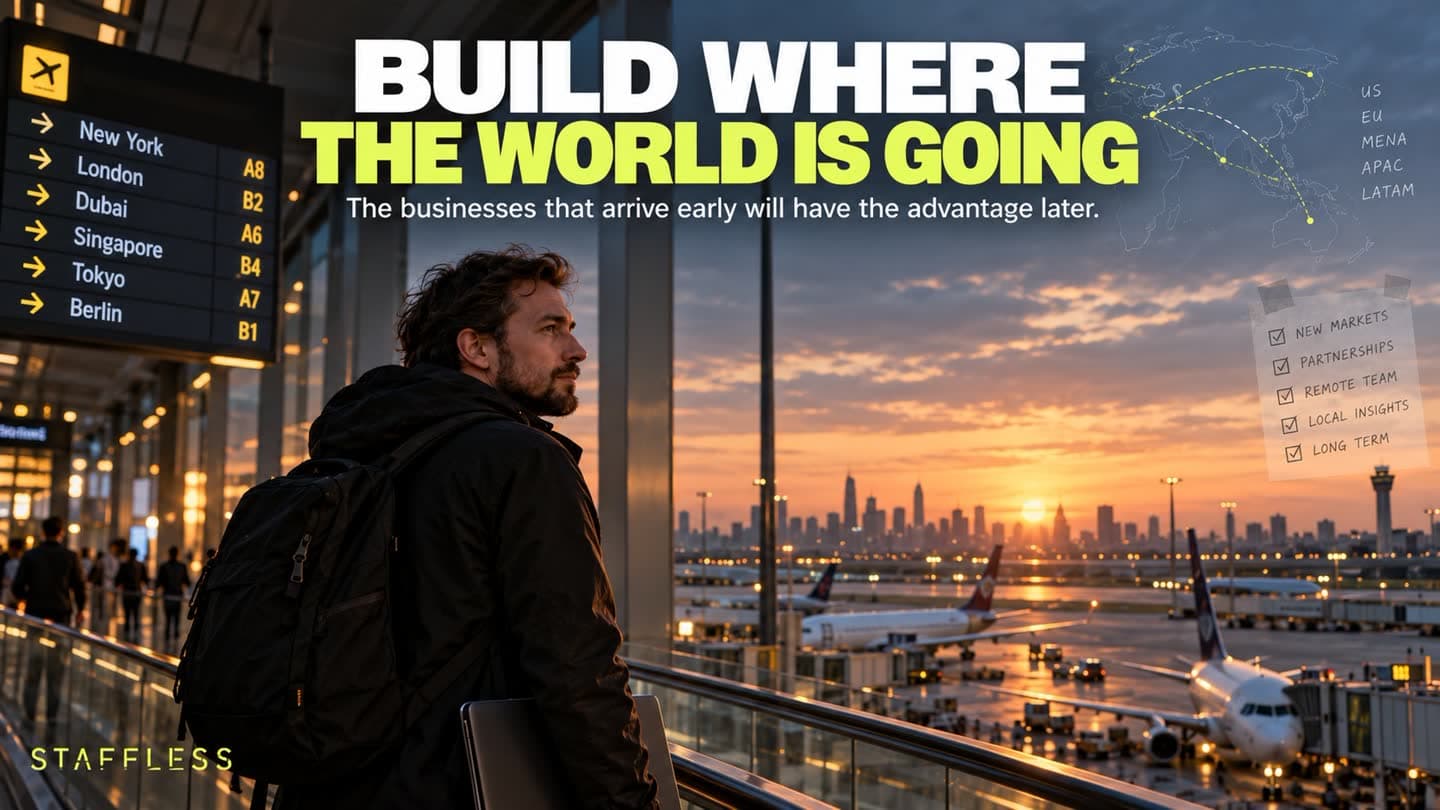 Founder at an airport looking toward international markets and future growth.